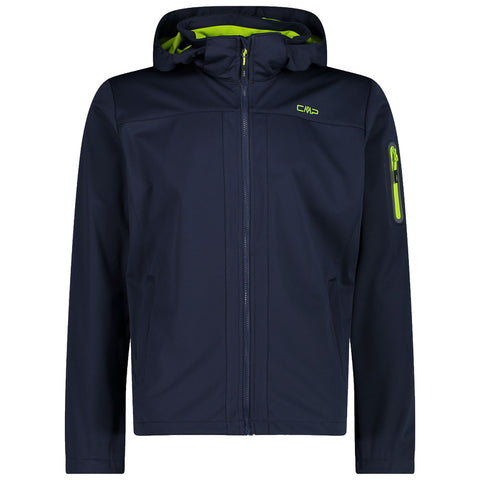 A navy jacket featuring a hood unzipped at the front with a green inner lining and a zippered pocket on the left arm displayed on a plain background
