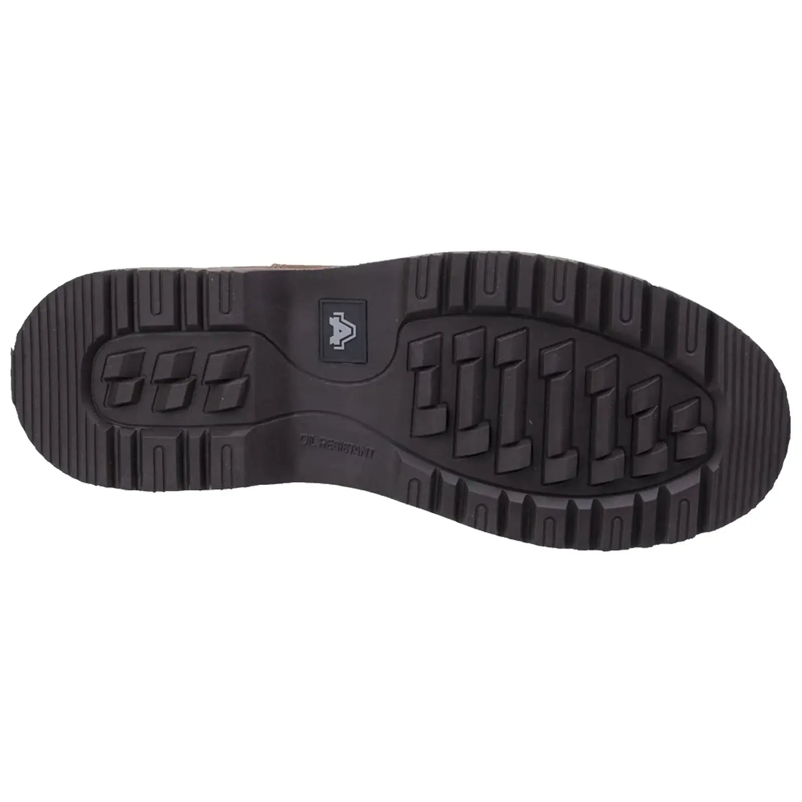 A black rubber boot sole is displayed with deep treads and ridges designed for grip while the context suggests it is intended for outdoor or work environments.