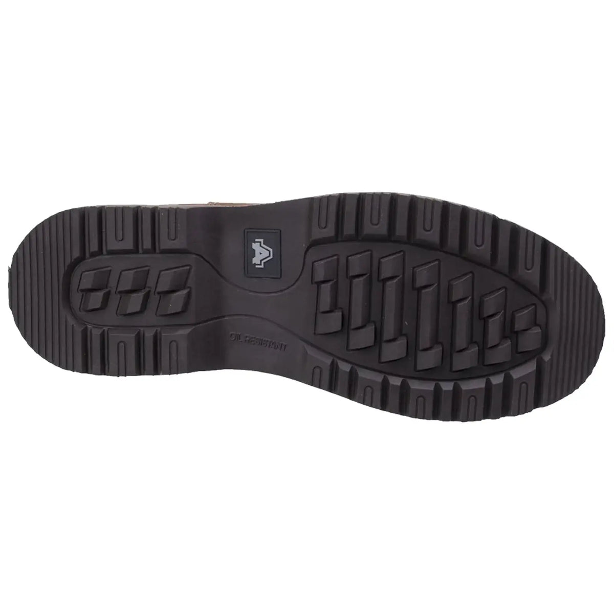 A black rubber boot sole is displayed with deep treads and ridges designed for grip while the context suggests it is intended for outdoor or work environments.