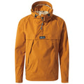 An orange lightweight jacket with a hood features a zippered front pocket and adjustable drawstrings is displayed against a plain background showcasing its design suitable for outdoor activities