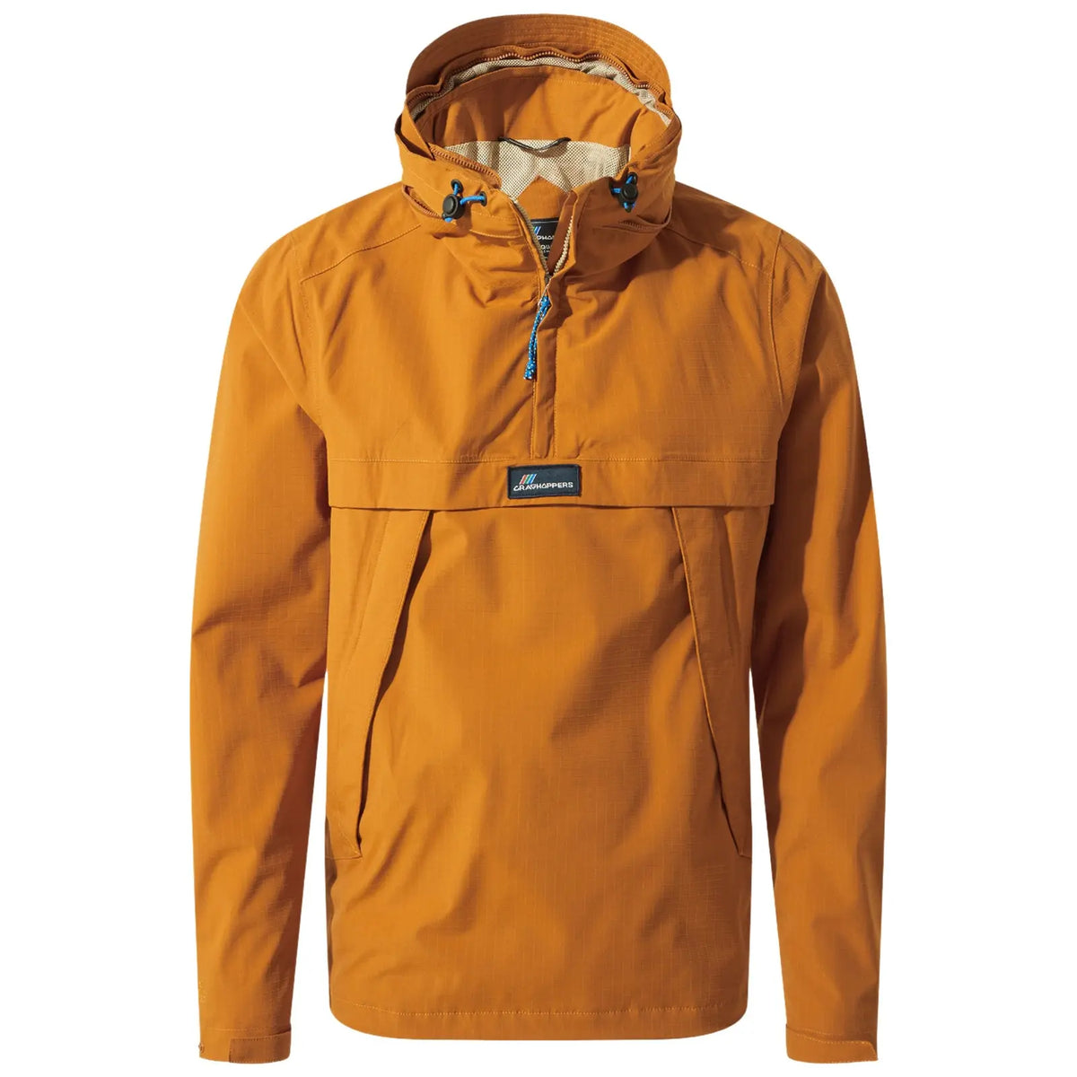 An orange lightweight jacket with a hood features a zippered front pocket and adjustable drawstrings is displayed against a plain background showcasing its design suitable for outdoor activities