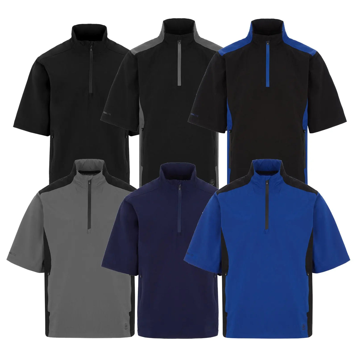 Six short-sleeve quarter-zip shirts are displayed in various colors including black grey blue and navy arranged in two rows showcasing their contrasting design and style.