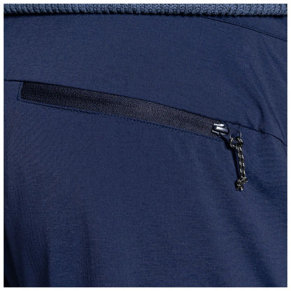 A close-up of a dark blue fabric with a zippered pocket on the right side featuring a small pull cord on the zipper revealing the texture of the material around it.
