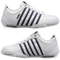 A pair of sporty white sneakers with navy blue stripes is displayed side by side emphasizing their sleek design and lace-up closure against a neutral background.