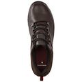 A brown hiking shoe with a textured surface features metal eyelets and black laces. It's placed on a flat surface with a maroon insole displaying the Craghoppers logo inside.