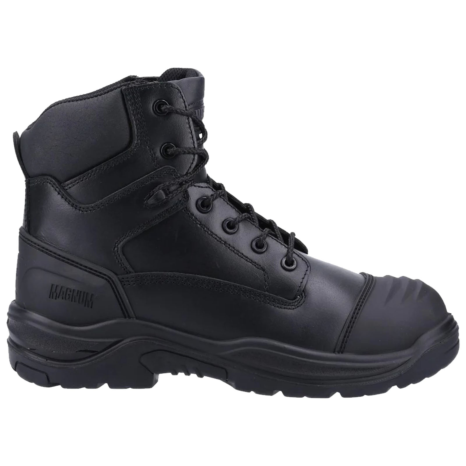 A black tactical boot stands upright showcasing its durable leather material and lace-up design designed for rugged use in outdoor or work environments providing ankle support and traction.