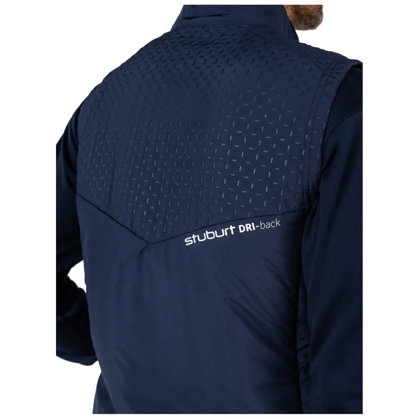 A dark navy jacket is displayed focusing on the upper back area featuring a textured design and the text stuburt DRI-back indicating its brand and functionality.