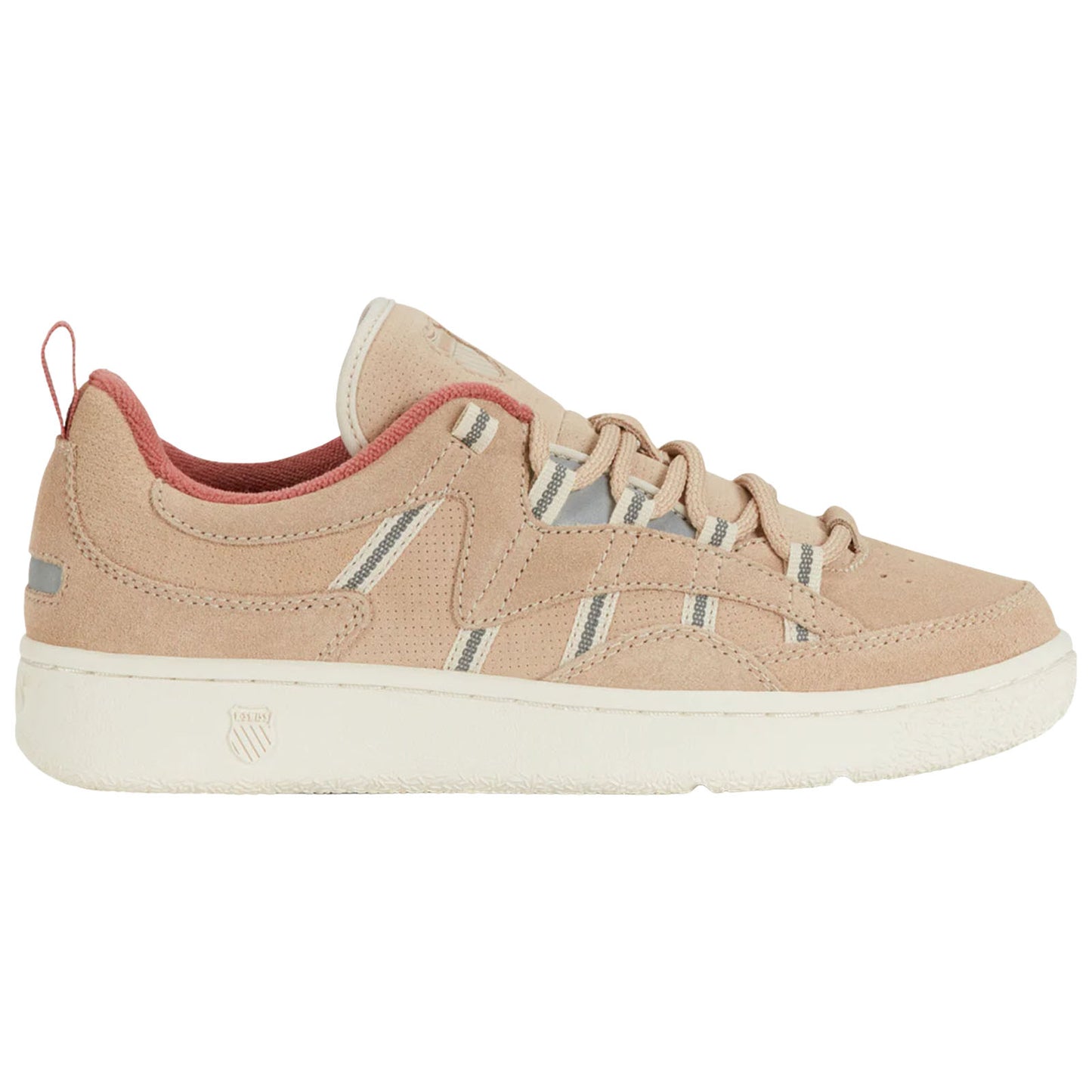 A beige sneaker with a textured suede upper features grey and white striped accents and a rubber sole, positioned for display against a plain background.