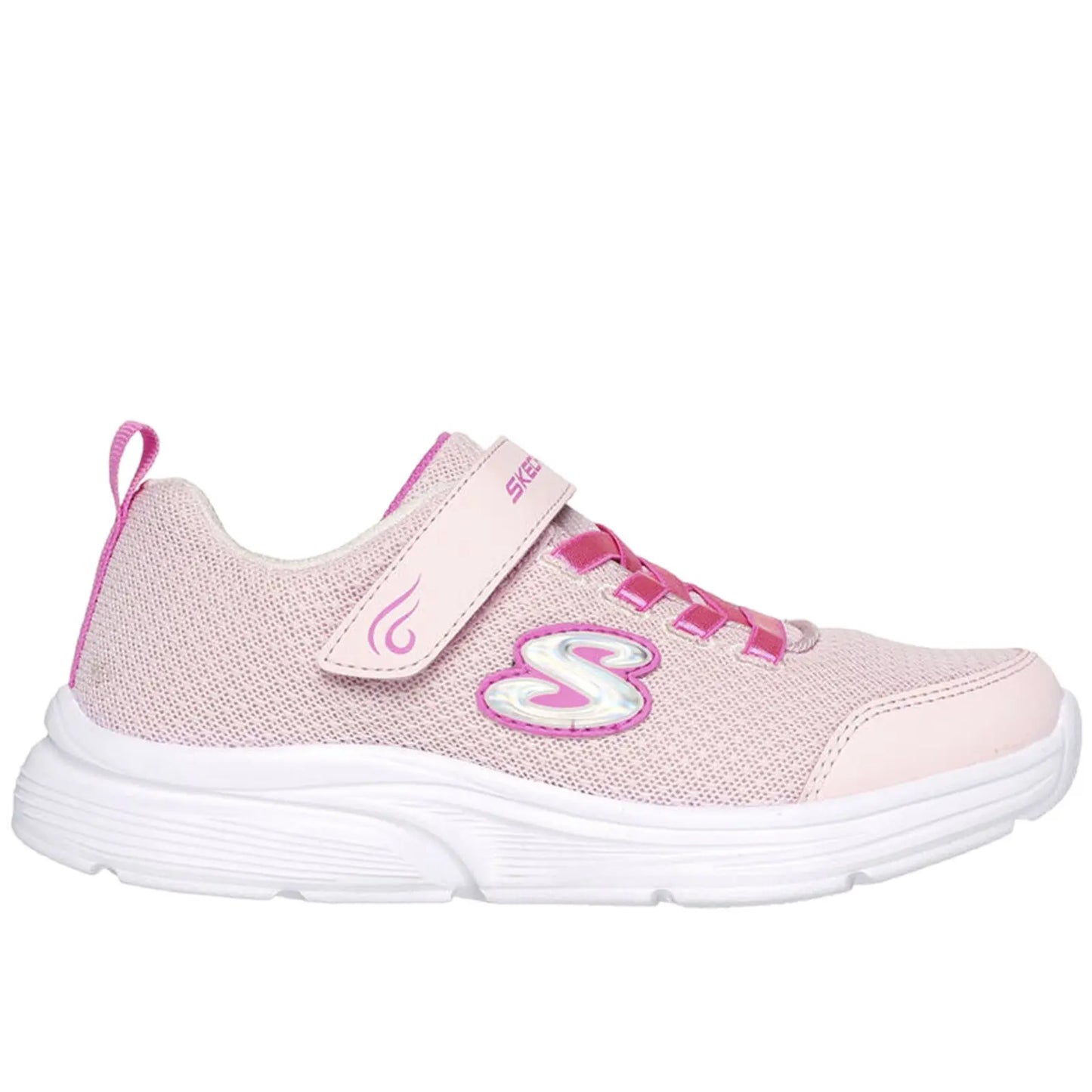 A pink athletic shoe with mesh fabric features a strap and laces The shoe has a white sole and a logo on the side indicating it is a Skechers product