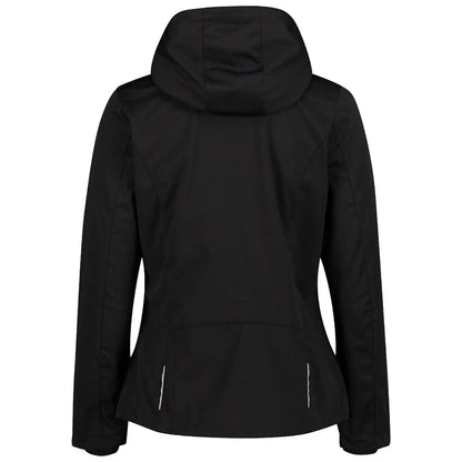 A black hooded jacket hangs vertically displaying its back view featuring a fitted silhouette with side zippers and a smooth fabric texture suitable for outdoor wear.