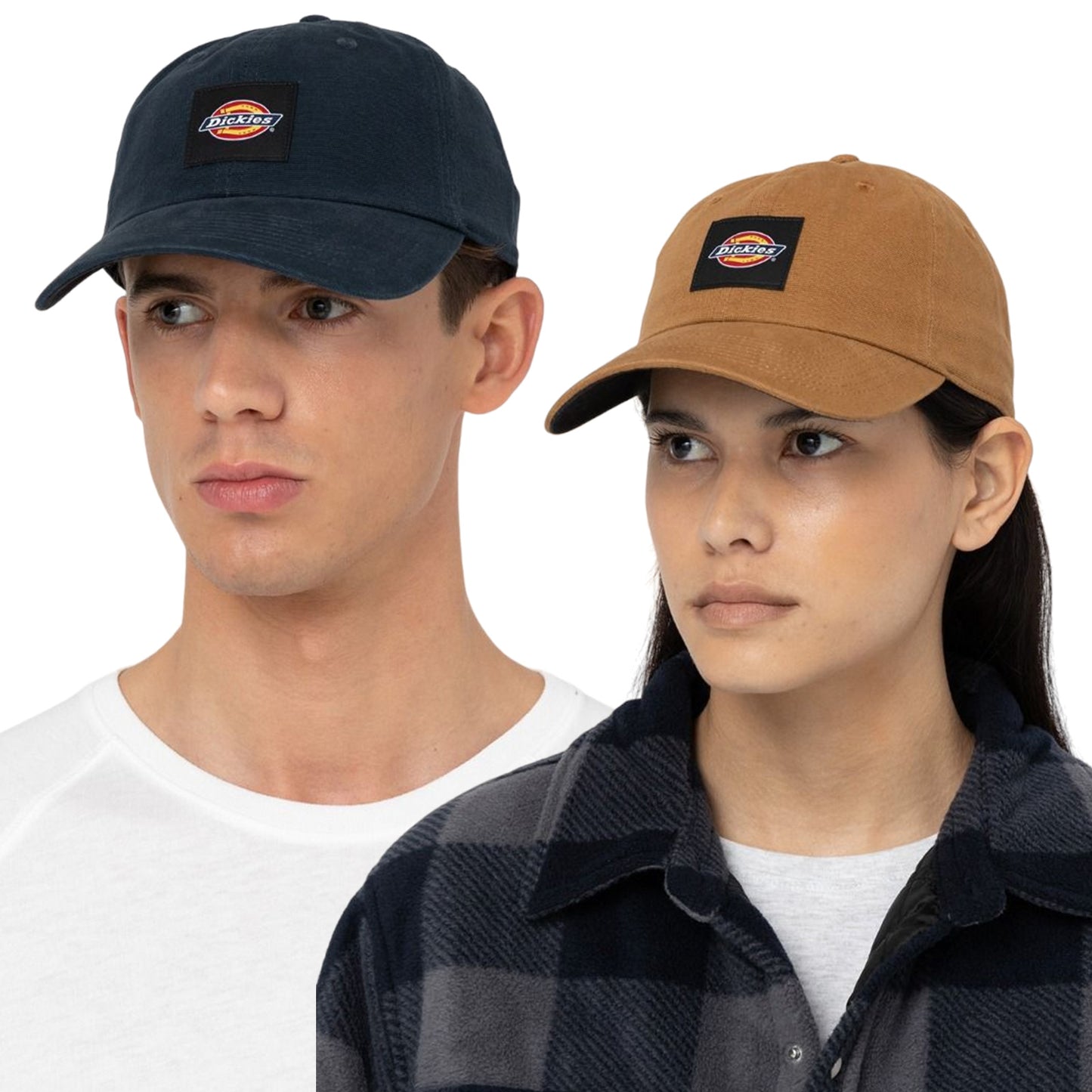 A man and a woman are wearing baseball caps facing forward. The man wears a navy cap and a white shirt while the woman wears a tan cap and a black plaid shirt.