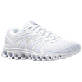 A white athletic shoe is positioned prominently with a mesh upper offering breathability featuring a unique sole with circular cushioning elements that enhance shock absorption suitable for running or casual wear.