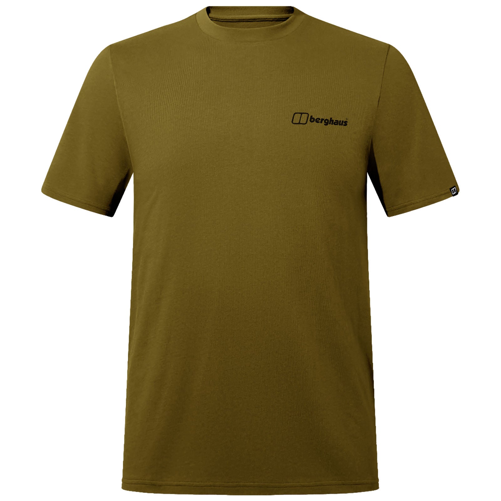 A plain olive green short-sleeve t-shirt hangs against a neutral background featuring a small black logo on the upper left side labeled berghaus without any visible wear or characteristics of use.
