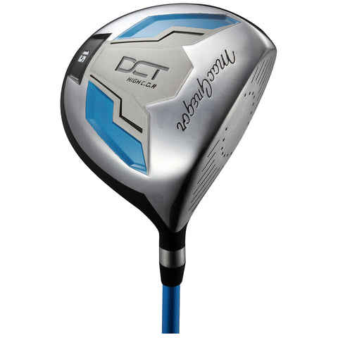 A golf driver with a sleek metallic head features a blue accent and branding. It is designed for power and precision in a sport context. The grip is stylish and functional.