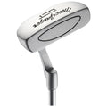 A golf putter with a silver head and a straight shaft rests upright showing its rounded top and engraved logo in a neutral background.