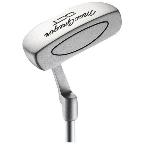 A golf putter with a silver head and a straight shaft rests upright showing its rounded top and engraved logo in a neutral background.