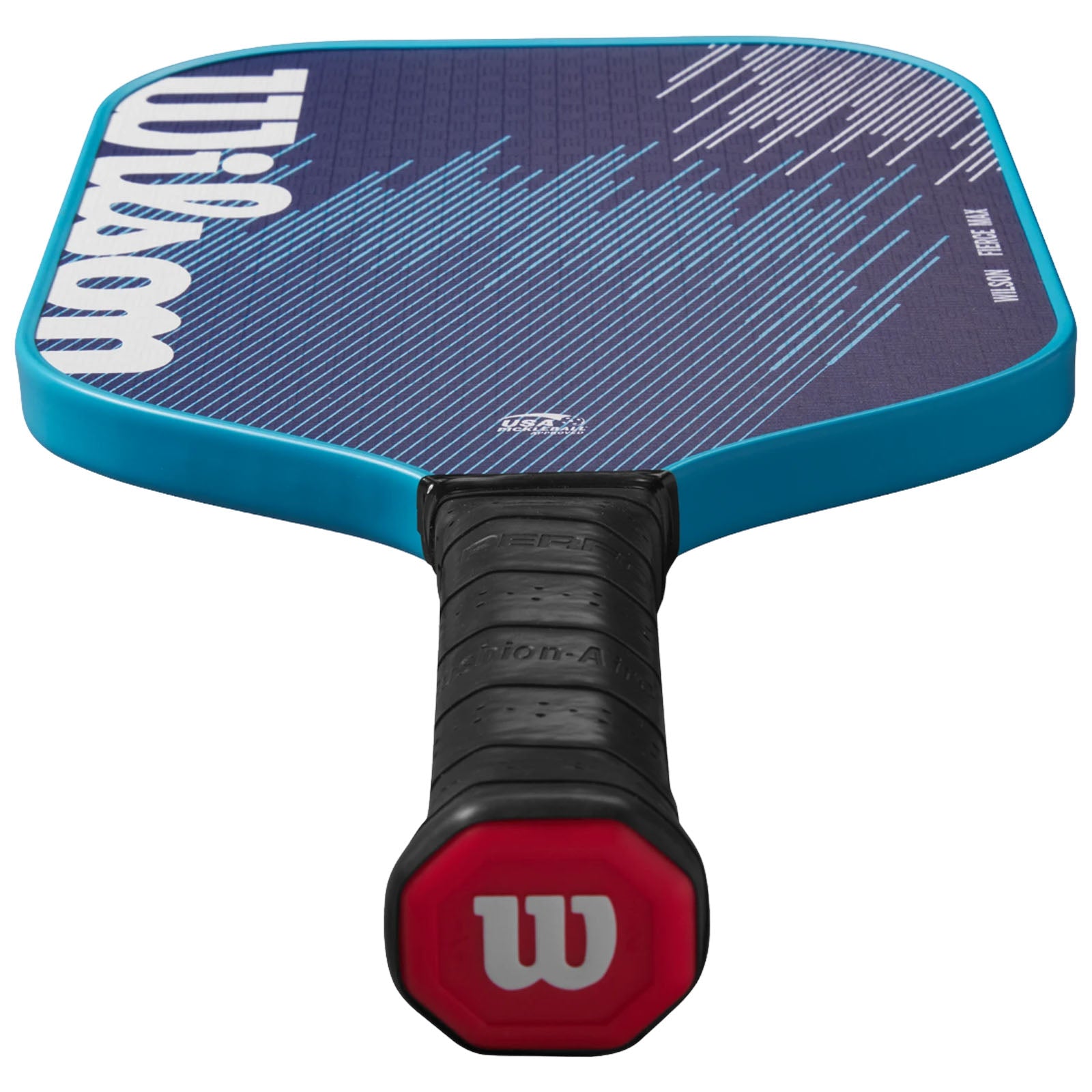 A pickleball paddle with a blue border and a textured surface featuring a graphic design. The handle is black with a textured grip and a red hexagonal logo at the end.