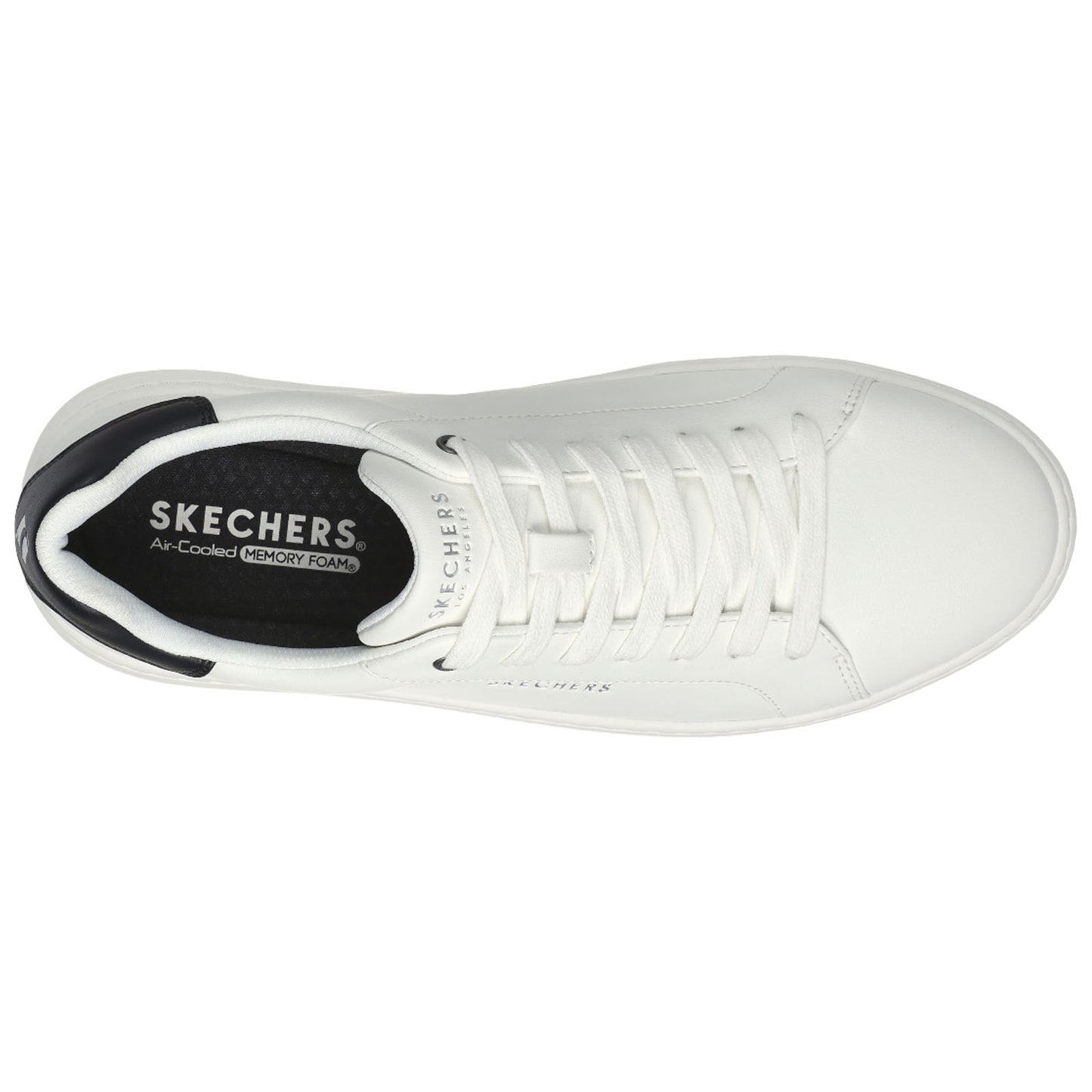 White sneaker with a smooth surface and black accents on the heel features a lace-up design and a cushioned insole labeled Air-Cooled MEMORY FOAM surrounded by a neutral background.