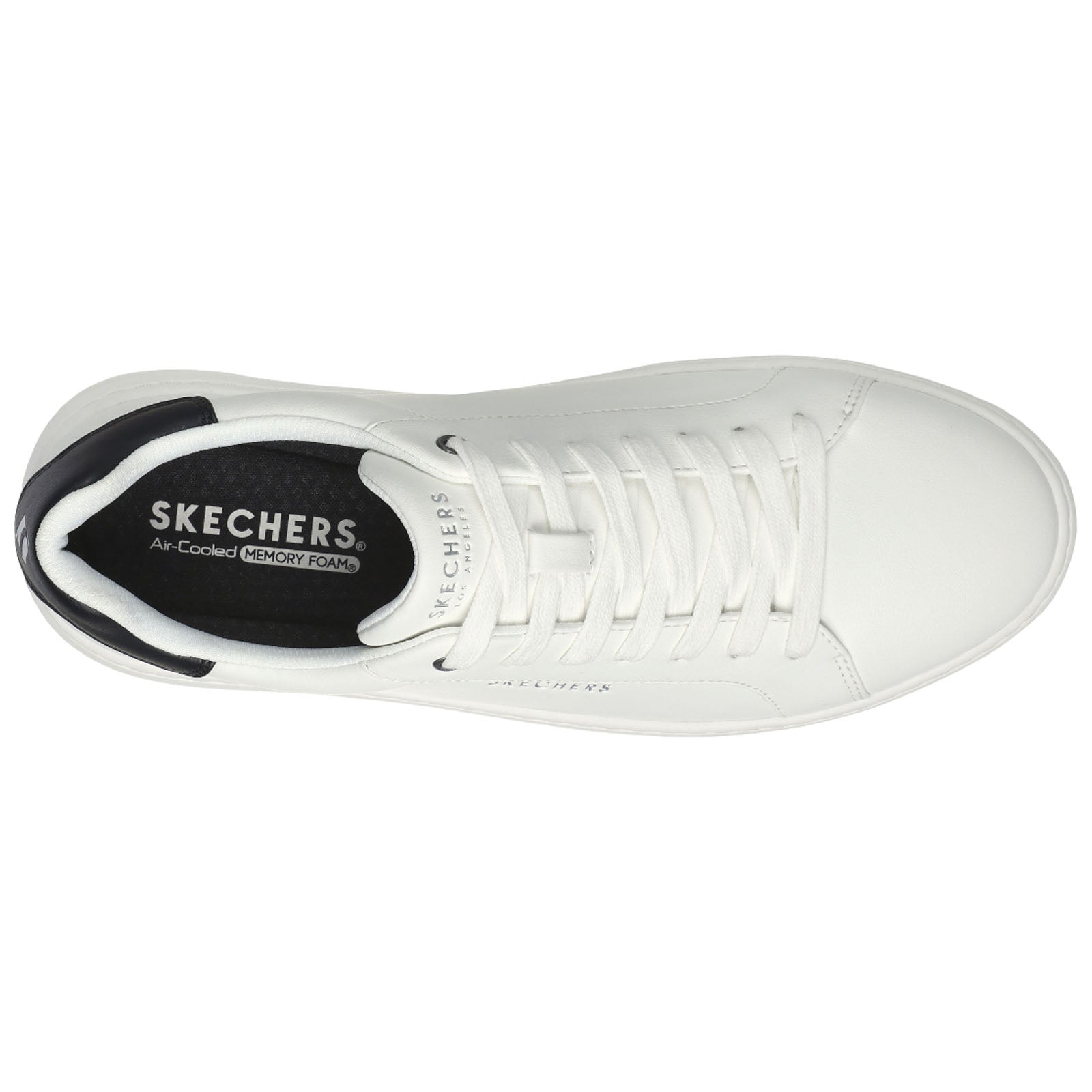 White sneaker with a smooth surface and black accents on the heel features a lace-up design and a cushioned insole labeled Air-Cooled MEMORY FOAM surrounded by a neutral background.