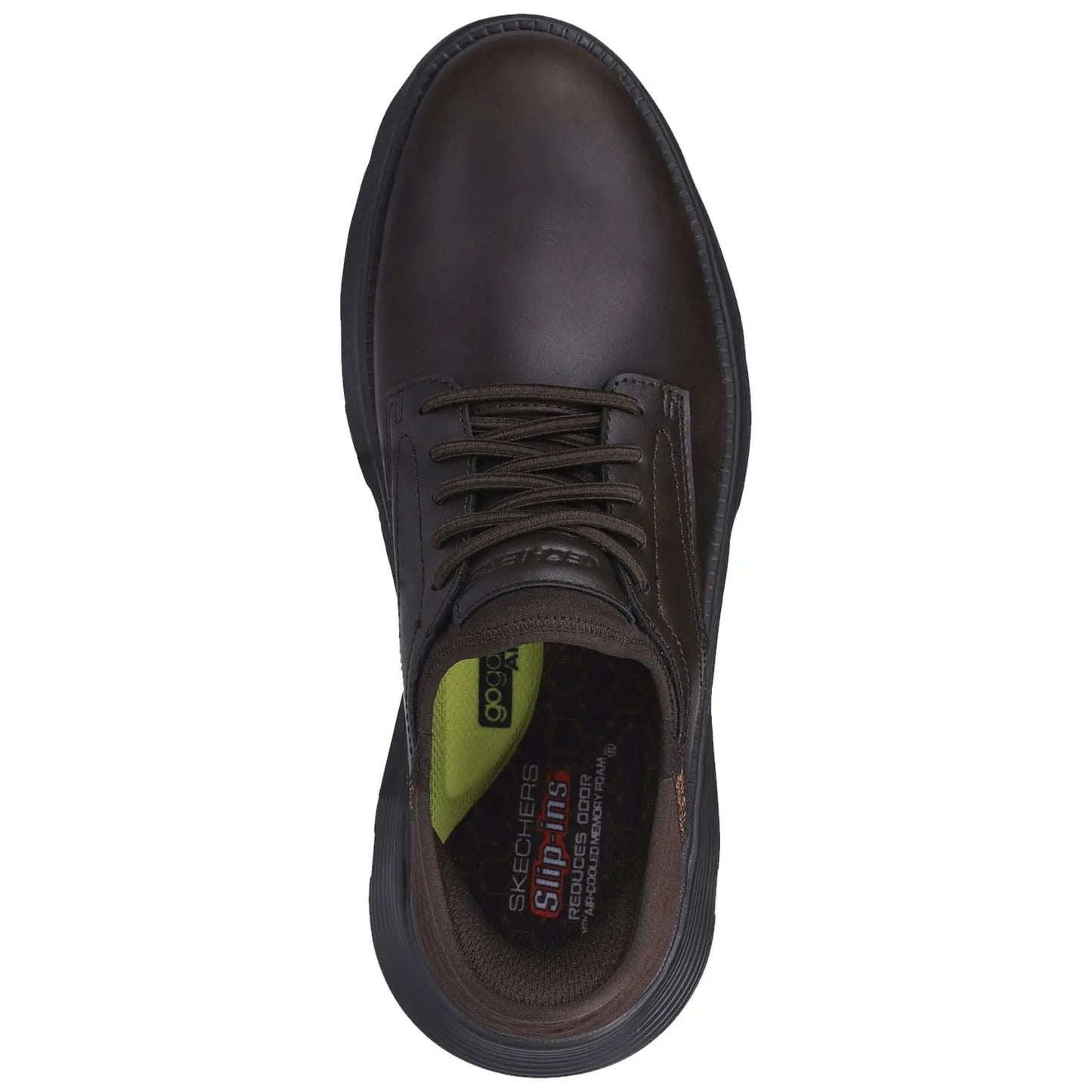 A brown shoe is displayed with laces and a textured surface showcasing a sleek design the insole features distinct green and black colors with text indicating brand and comfort technology