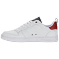 A white sneaker with a smooth surface features gray laces and a red accent at the heel while sitting on a flat surface against a plain background.