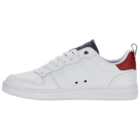 A white sneaker with a smooth surface features gray laces and a red accent at the heel while sitting on a flat surface against a plain background.