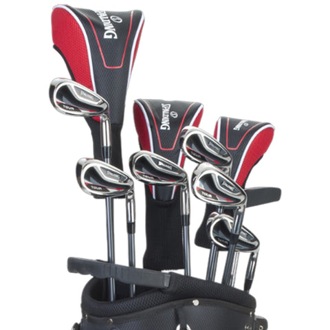 A golf bag contains several clubs with shiny metal heads and black and red grips resting upright. The clubs are organized with headcovers on the driver and woods at the top.