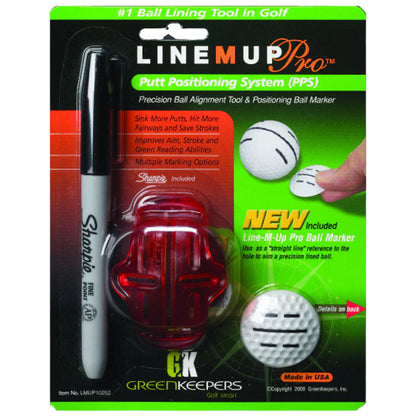 A red putt positioning tool and a black Sharpie marker are packaged together. The tool assists golfers in aligning putts, featuring instructions and benefits printed in green and white text on the background.