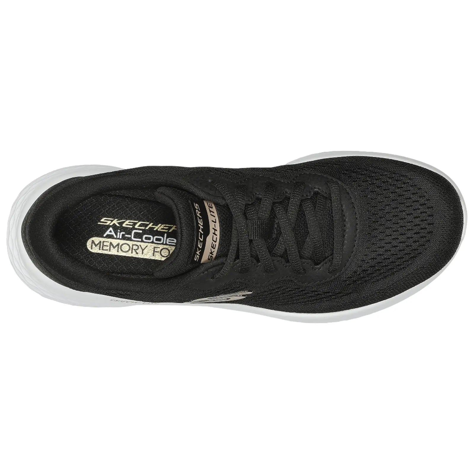 A black athletic shoe is positioned with laces tied and a mesh surface visible showcasing its design it features text indicating it is a Skechers Air-Cooled Memory Foam model