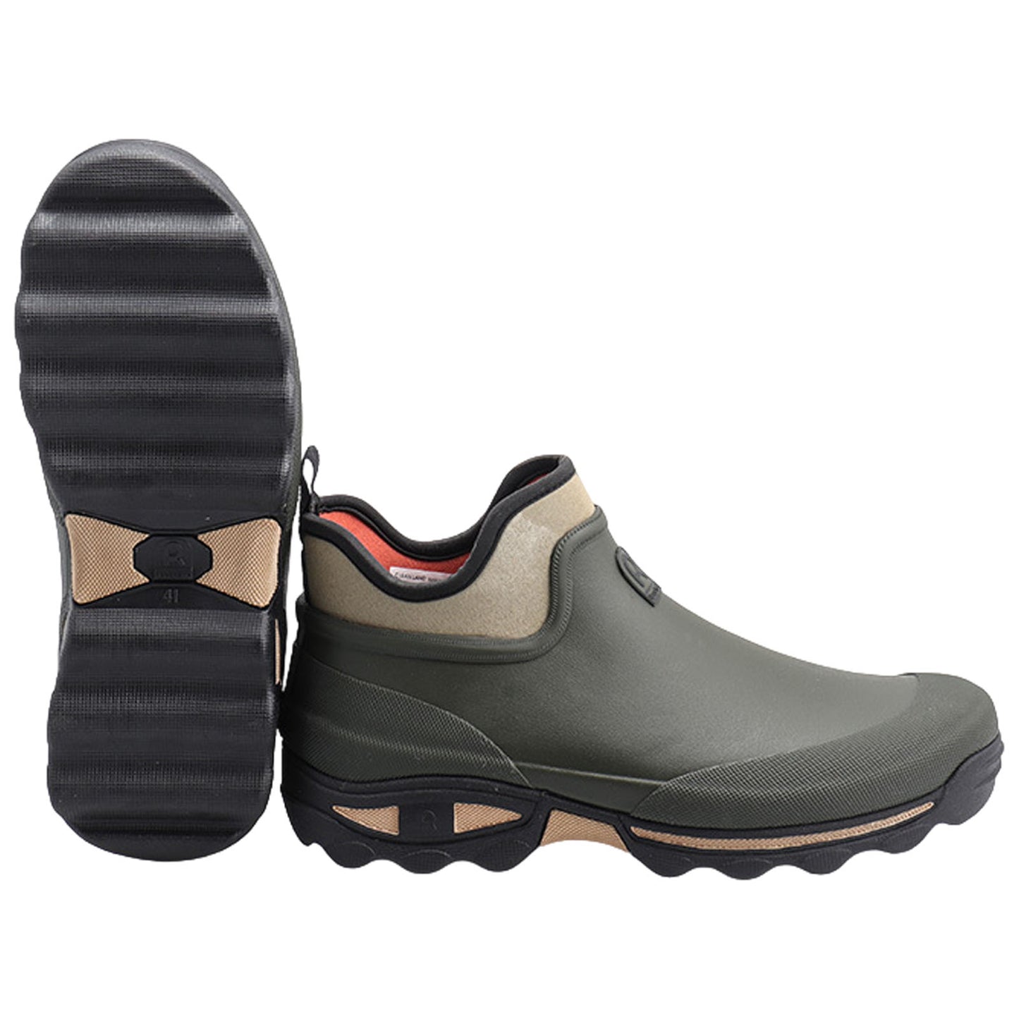 Green slip-on shoes are positioned on a flat surface showcasing their textured sole and smooth upper design featuring a beige accent near the ankle in a neutral background.