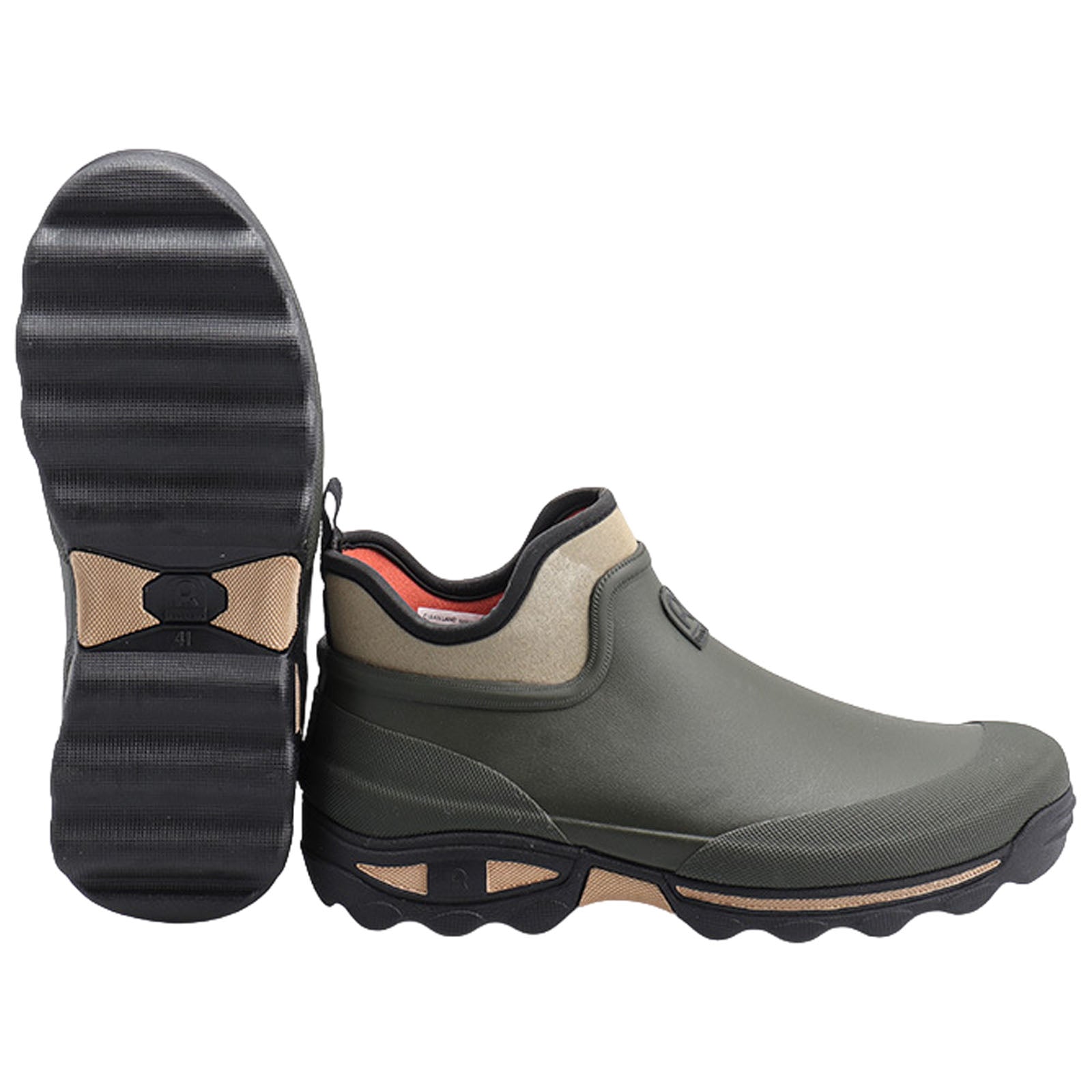 Green slip-on shoes are positioned on a flat surface showcasing their textured sole and smooth upper design featuring a beige accent near the ankle in a neutral background.