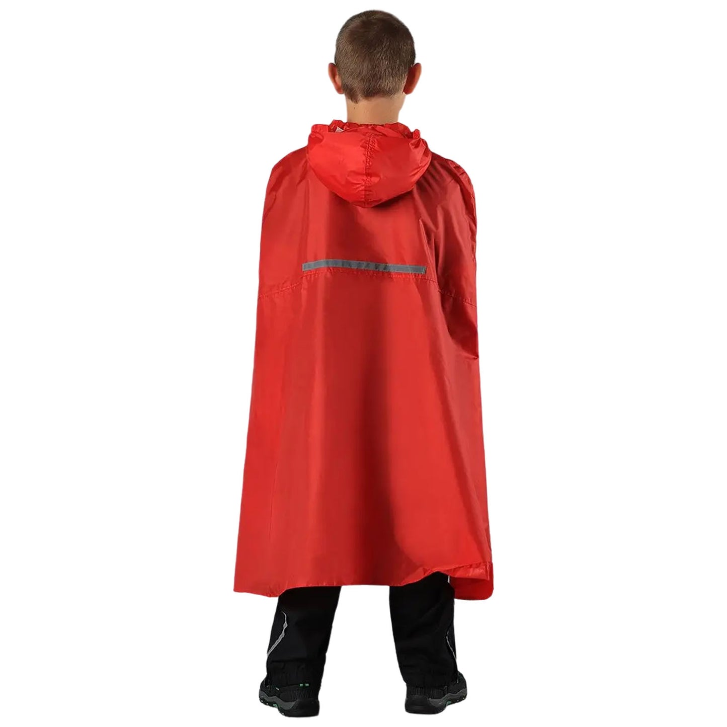 A child wears a red rain cape with a hood standing with their back turned while the surrounding context appears simplistic and neutral, focusing on the garment's design and color.