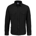 A black long-sleeve shirt with two front pockets is displayed hanging with buttons down the front and a collar showing a casual style suitable for various occasions.