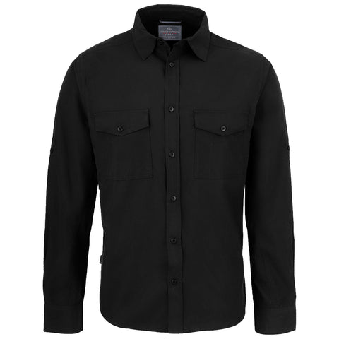 A black long-sleeve shirt with two front pockets is displayed hanging with buttons down the front and a collar showing a casual style suitable for various occasions.