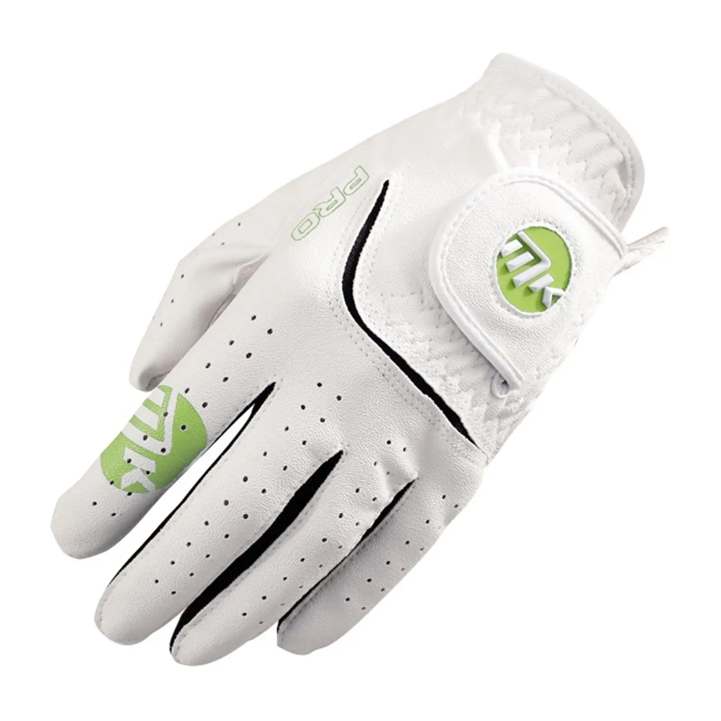 A white golf glove with green accents is displayed with fingers slightly curled suggesting it is ready for use in a golfing environment.