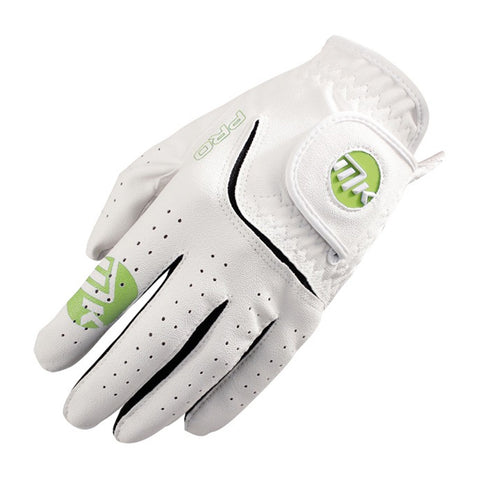 A white golf glove with green accents is displayed with fingers slightly curled suggesting it is ready for use in a golfing environment.