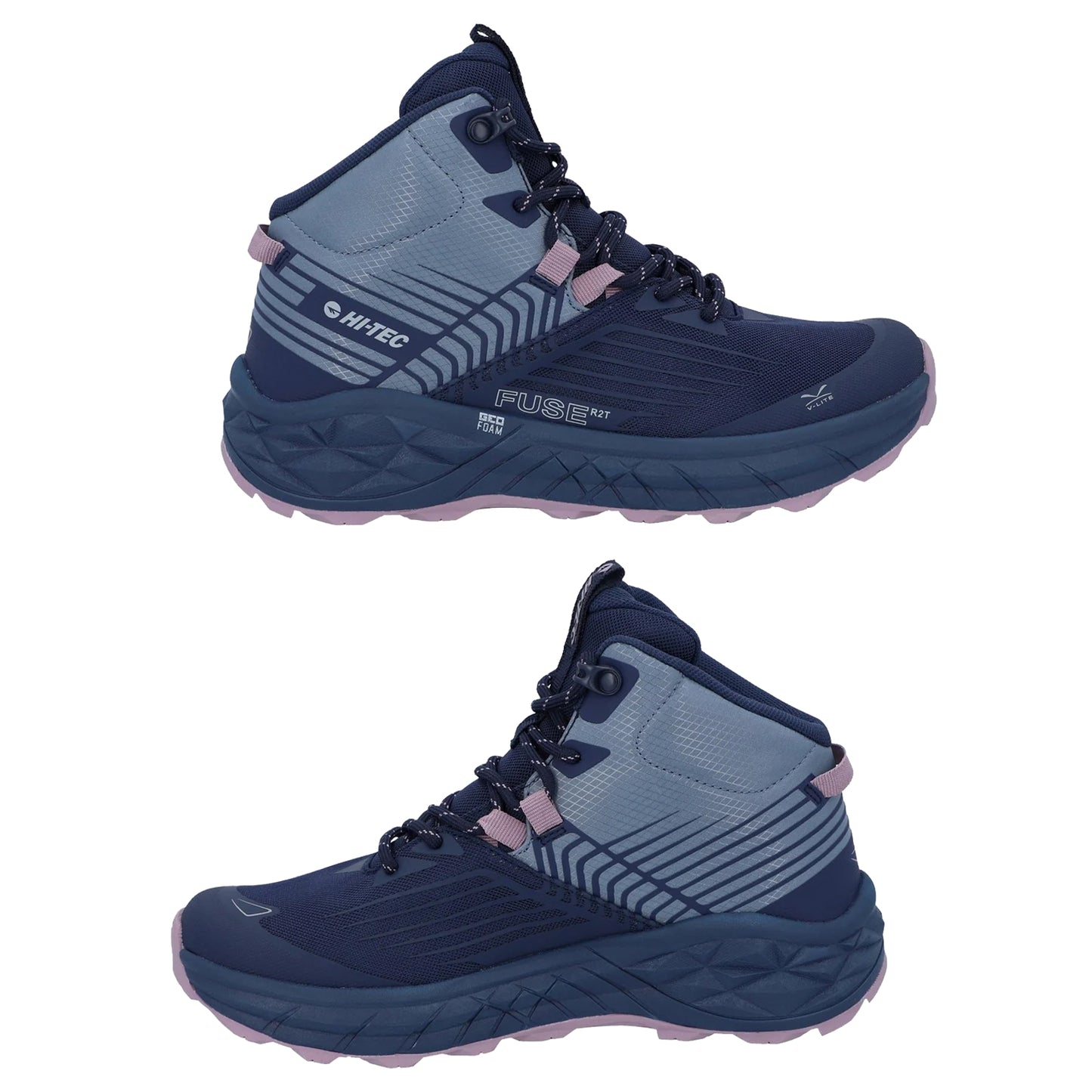 Blue and gray hiking shoes are displayed vertically with pink accents showing the high-top design meant for outdoor activities showcasing a textured sole for traction and support.