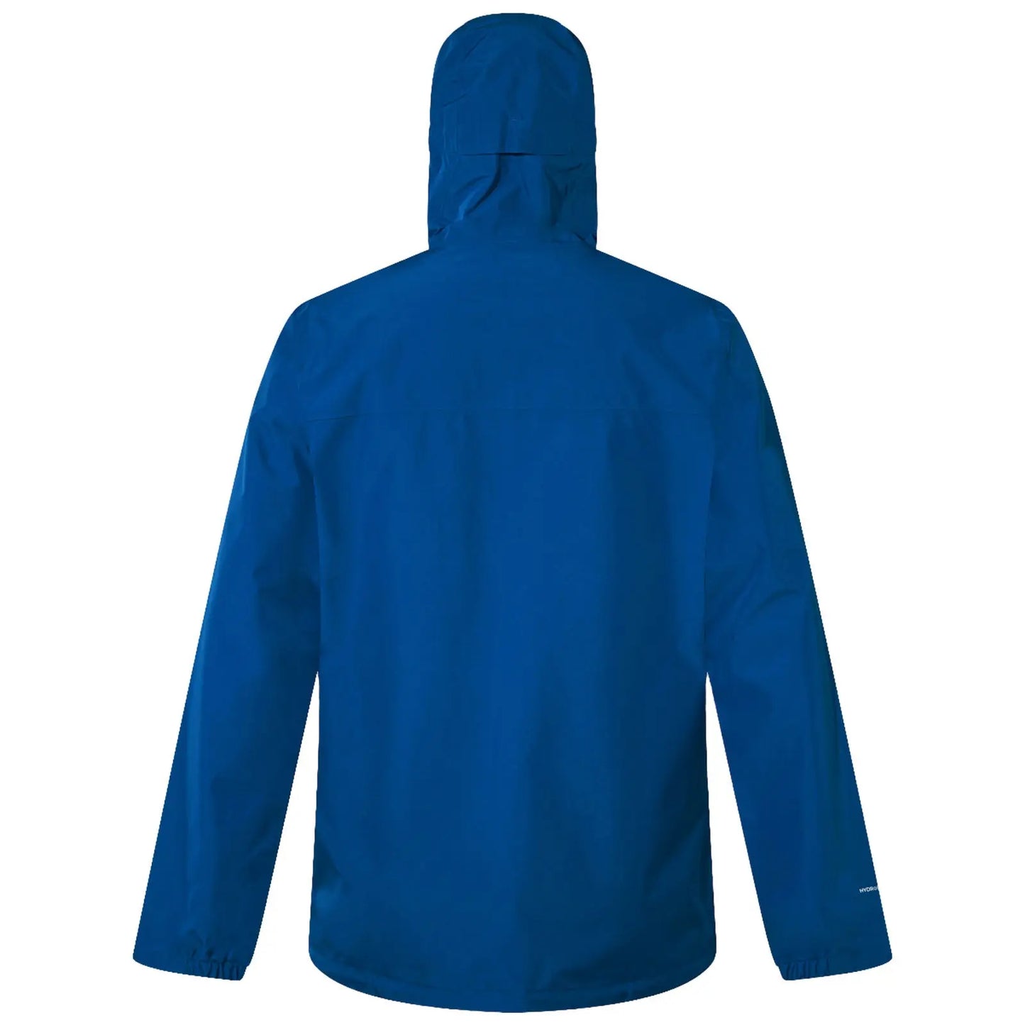 A blue rain jacket is displayed upright showing its back side with a hood and loose sleeves suggesting waterproof functionality designed for outdoor wear.