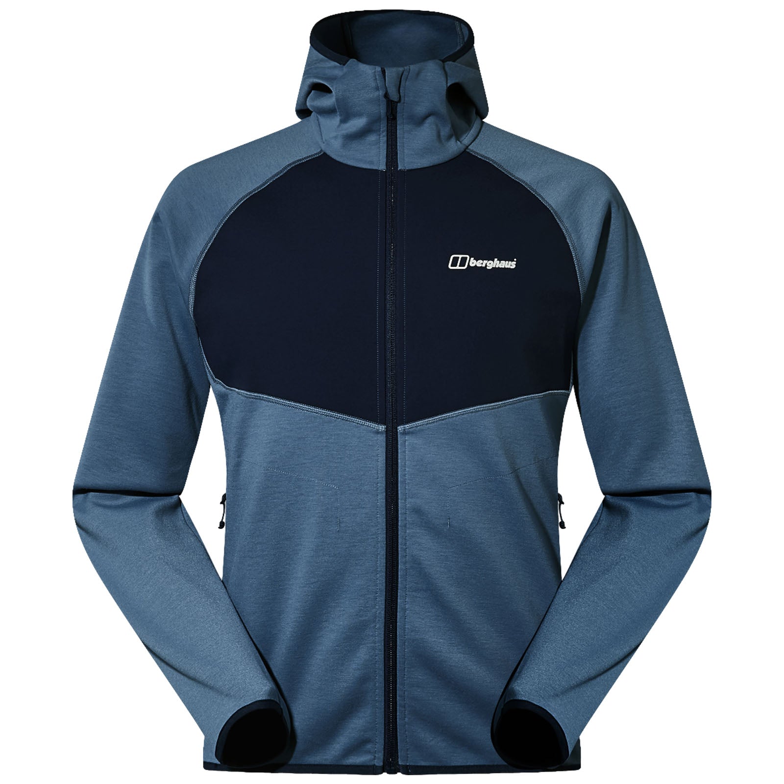 A blue two-tone jacket features a zip front and high collar with long sleeves. It is designed for outdoor activities, showcasing a sporty aesthetic suitable for various weather conditions.