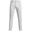 White trousers are displayed standing upright showcasing their slim fit design with front pockets and a button closure in a neutral background emphasizing their color and style
