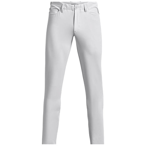 White trousers are displayed standing upright showcasing their slim fit design with front pockets and a button closure in a neutral background emphasizing their color and style