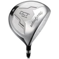 A golf driver is positioned at an angle showcasing its shiny silver clubhead and black shaft. The clubhead features various markings including the word DCT and the number 15.