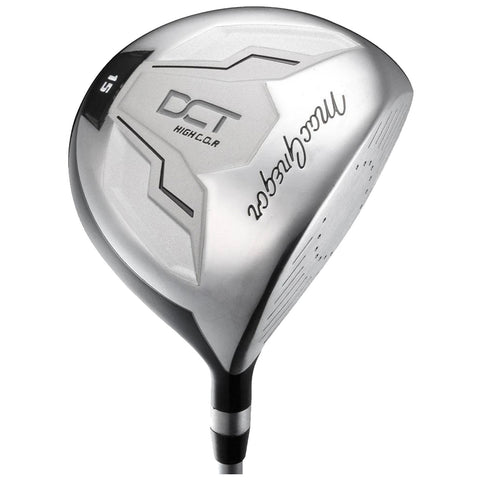 A golf driver is positioned at an angle showcasing its shiny silver clubhead and black shaft. The clubhead features various markings including the word DCT and the number 15.