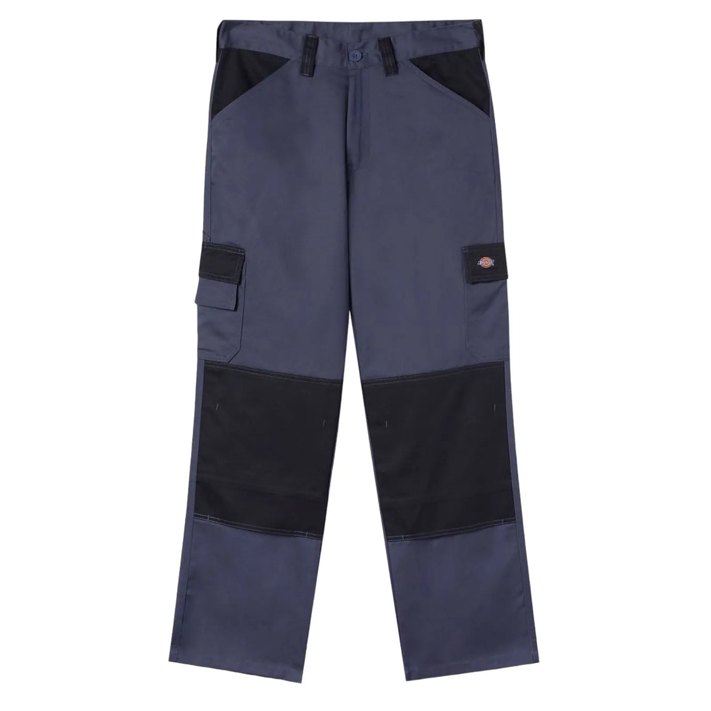 Grey cargo pants are displayed vertically featuring black accents and multiple pockets designed for durability and utility in work or casual settings. The fabric appears sturdy and functional.