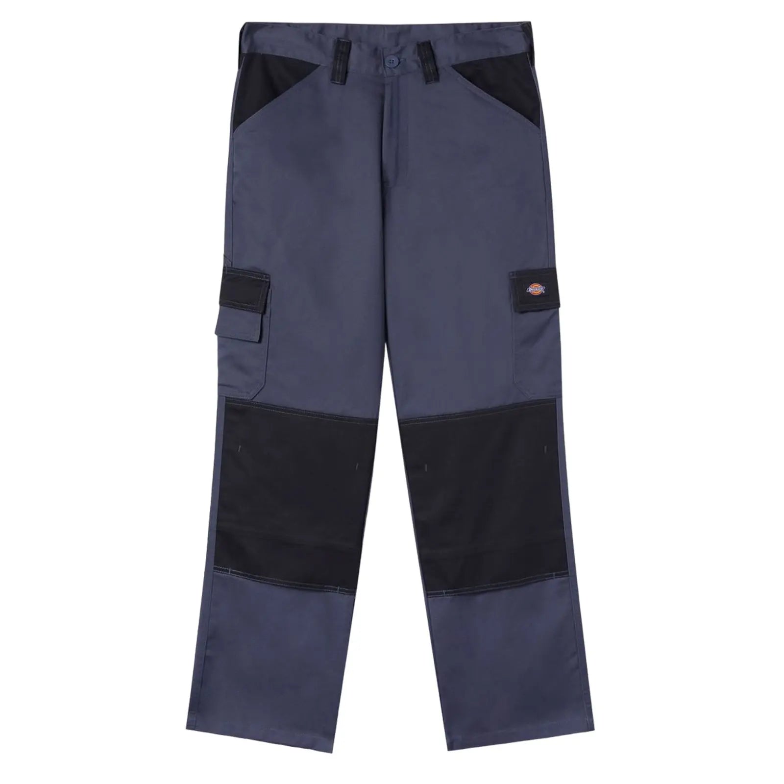 Grey cargo pants are displayed vertically featuring black accents and multiple pockets designed for durability and utility in work or casual settings. The fabric appears sturdy and functional.