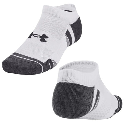 A pair of white athletic socks is displayed with a black logo and accents the socks are designed for performance and feature a low-cut style suitable for wearing with sneakers