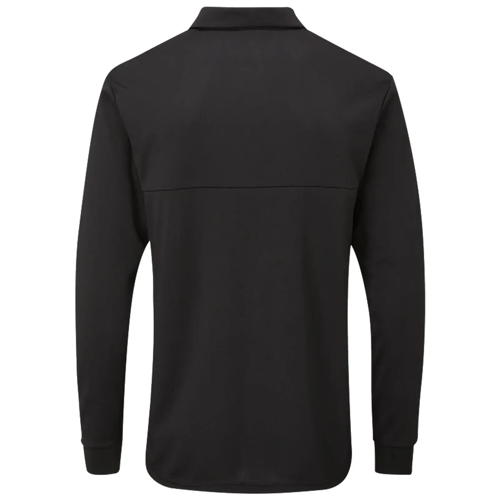 A long-sleeved black polo shirt is displayed with the back view facing the observer resting against a neutral background suggesting a casual or athletic context.