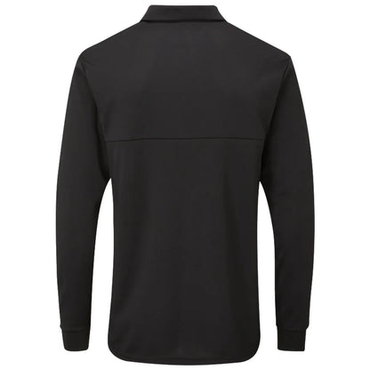 A long-sleeved black polo shirt is displayed with the back view facing the observer resting against a neutral background suggesting a casual or athletic context.
