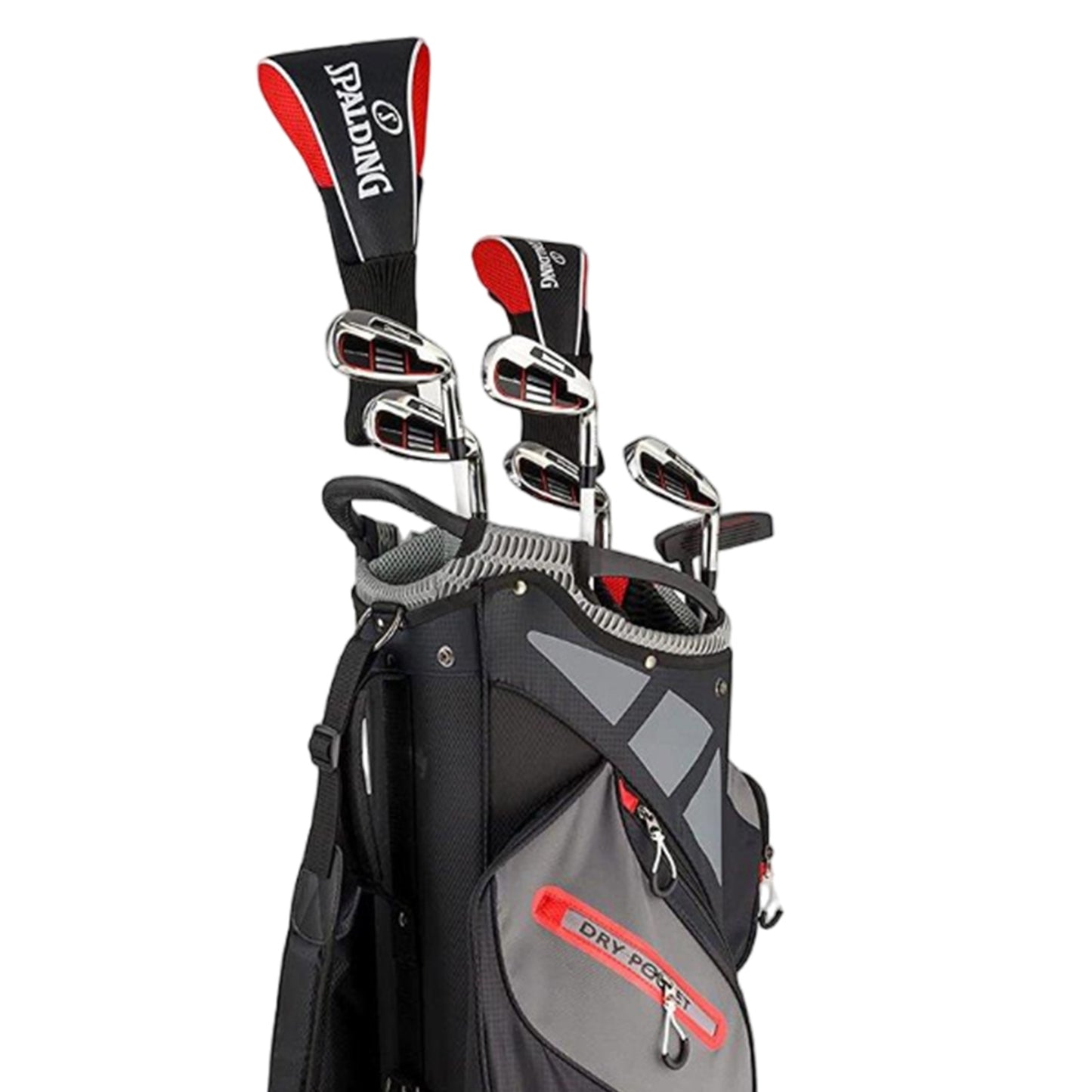 A black and gray golf bag holds multiple golf clubs with red accents organized at the top showcasing their padded grips in a sleek, functional design suitable for outdoor sports.
