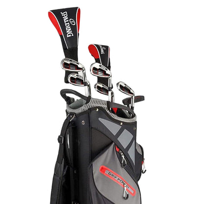 A black and gray golf bag holds multiple golf clubs with red accents organized at the top showcasing their padded grips in a sleek, functional design suitable for outdoor sports.